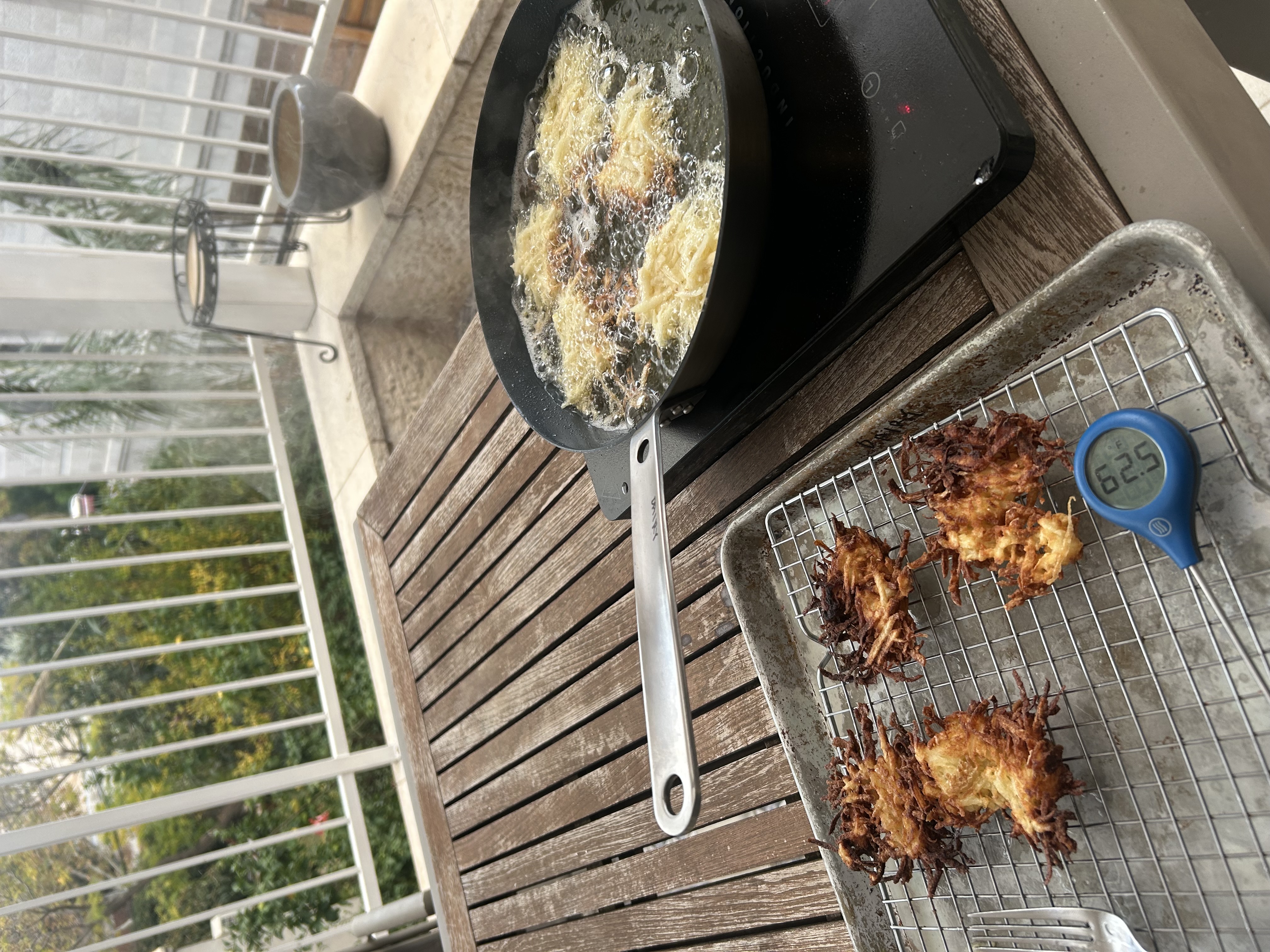 Frying latkes… the induction cooktop is pretty efficient!