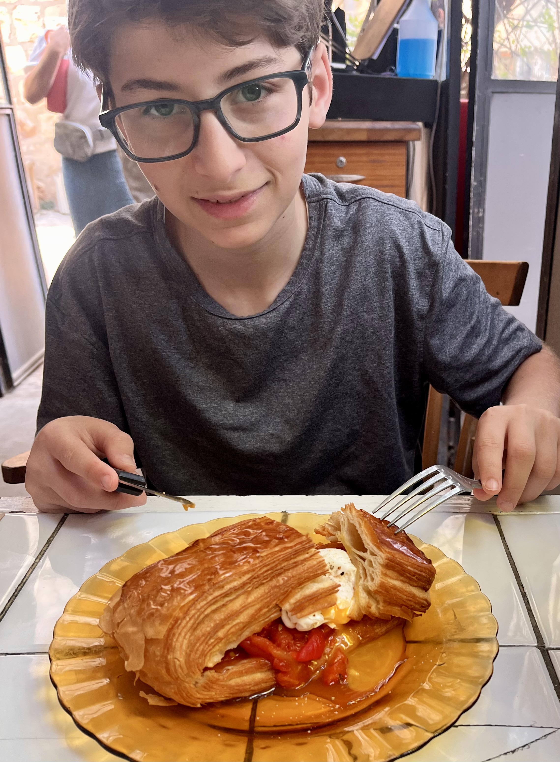 Enjoying a borekcroissant (boreka/croissant combo) for brunch at Ofaimme Farm Cafe at Hansen House. Yummy!