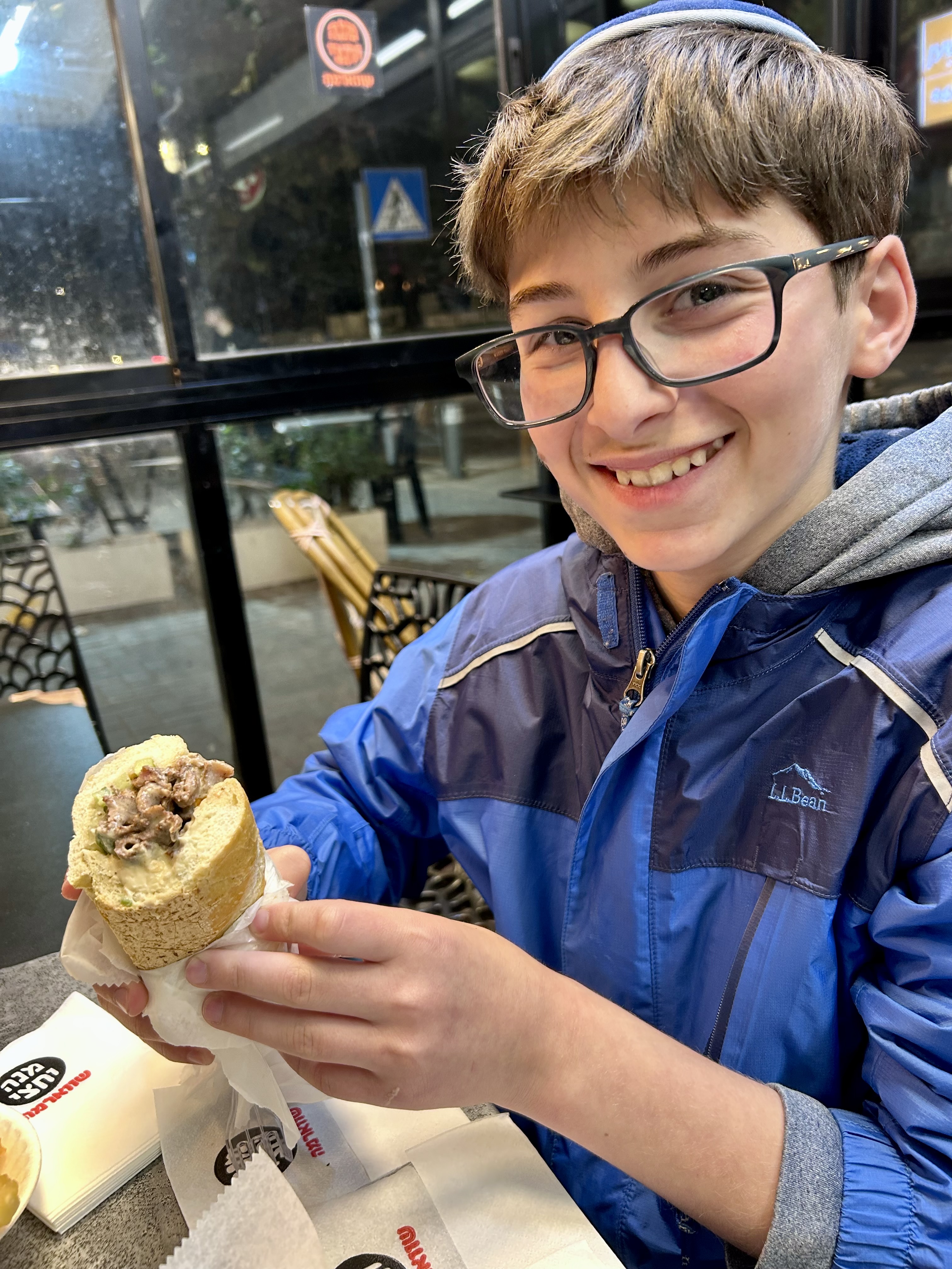 Trying our first shawarmas from Mana veHetzi on Ben Zakai