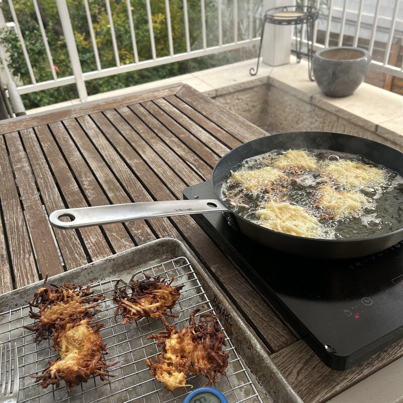 Frying latkes… the induction cooktop is pretty efficient!